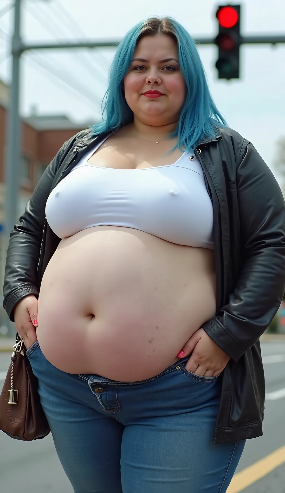 Realistic photo of a young extremely fat woman. She is standing at the traffic light. Morbid adipos with fat stomach and wide hips..  She is wearing a white strappy shirt. She also wears jeans and has wide thighs. She is wearing a purse over her shoulder. ...