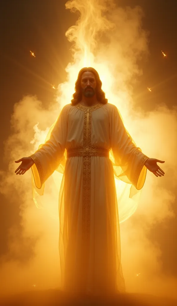 An ultra-realistic cinematic scene in 8K, captured with a Sony Alpha A7R III camera and a Sony FE 24-70mm f/2.8 GM lens. The image depicts an illuminated figure of Jesus, enveloped in a golden, heavenly glow, emanating a divine and peaceful aura. The soft,...