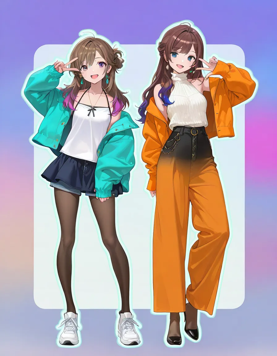 (((Best Quality))), 2 girls, anime characters, fashionable and trendy atmosphere, outfit designs, diverse outfits, (full body, character design), outfit design, fashion concept art, knit, shirt, shorts, (skirt), pantyhose, blouse, halter neck, jacket, cami...