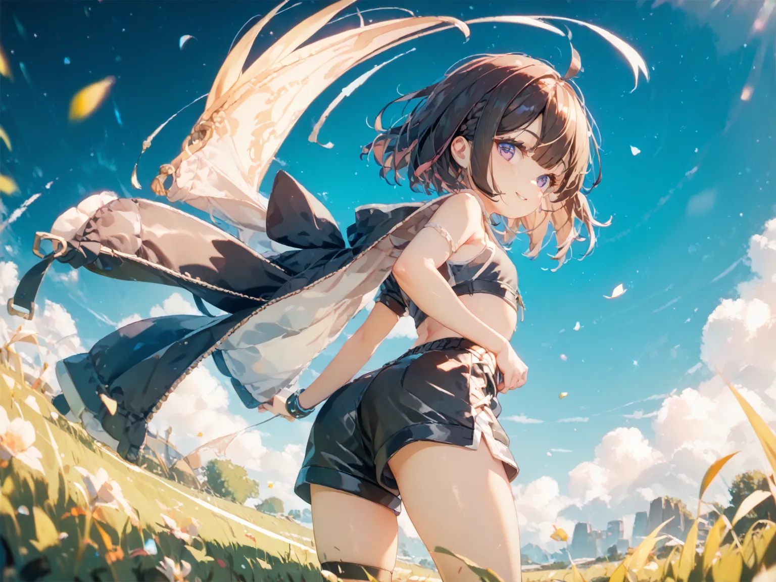 (highest quality:1.2, masterpiece:1.2, highest quality, best aesthetics),  girl, loli, kind, Run through grass, wears black sports shorts that are too big for her, Looks back, low angle