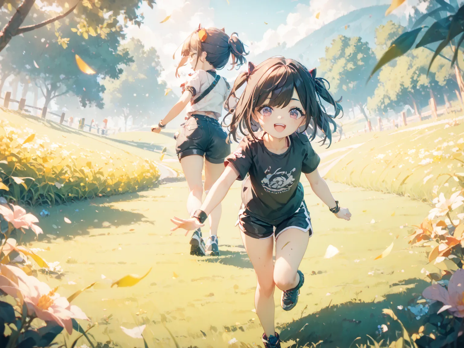 (highest quality:1.2, masterpiece:1.2, highest quality, best aesthetics), 2 girls, loli, kind, Run through grass, wears black sports shorts that are too big for her, Looks back, low angle