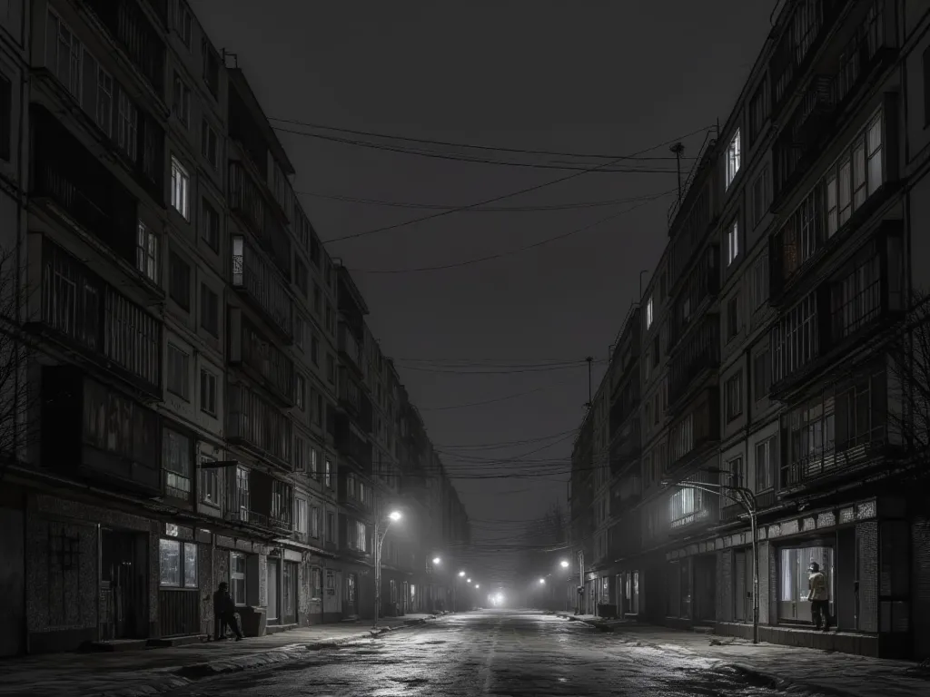 panel building, panels, gloomy city, five-storey buildings, night, horror, old photo, black and white photo