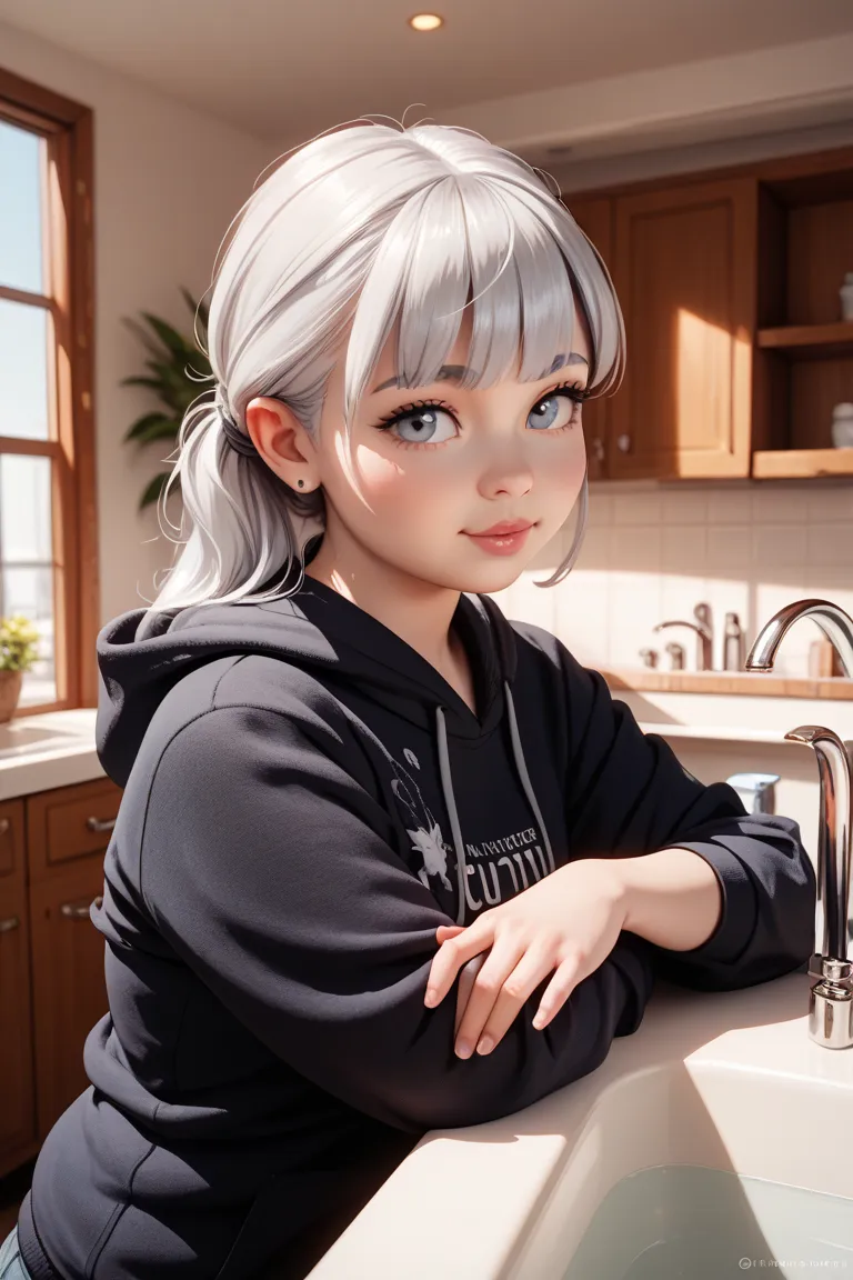 A cute, realistic 3D silver gray plump Scottish fold wearing a black hoodie is packed in the sink and has a pure white face