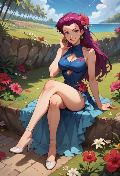 score_9, score_8_up, score_7_up, ultra detailed, full body, looking at viewer, Jessie, blue eyes, purple hair, long hair, hair slicked back, earrings, hair flower, hibiscus, flower dress, frills, sleeveless, flower field, outside, blooming flowers, pollen ...