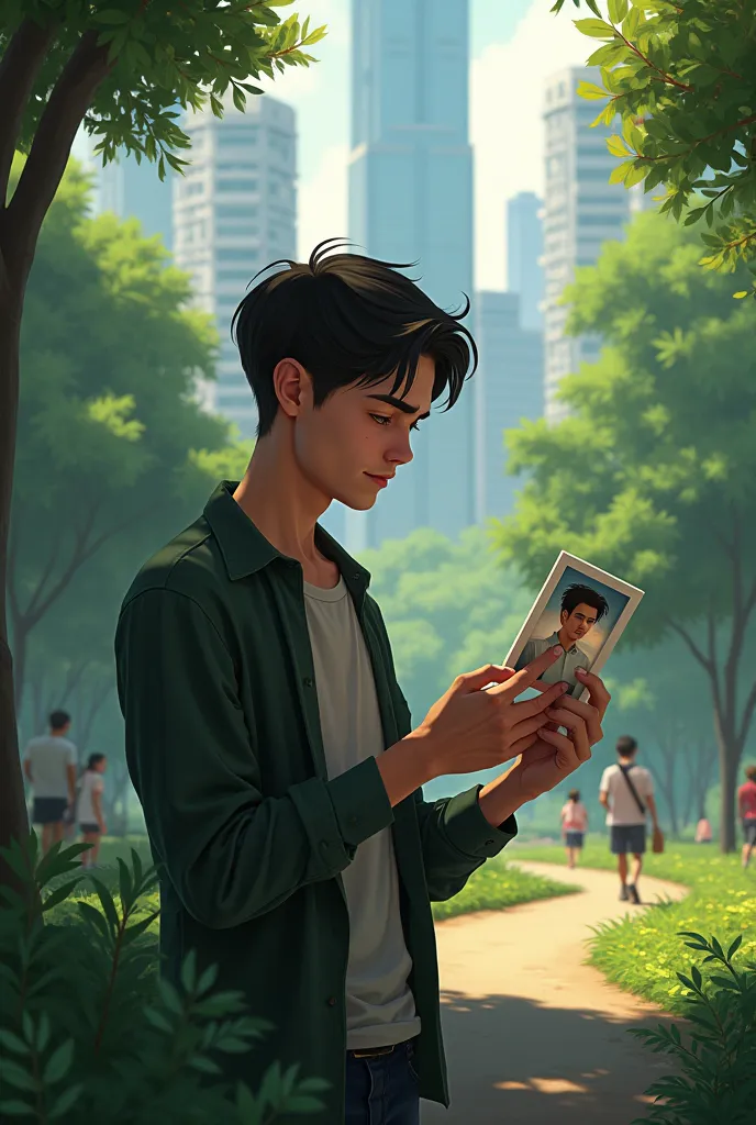 I want the image of a young man who is sad seeing a photo in the park in the big city