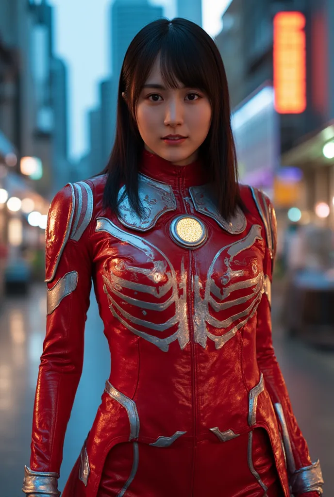   Front View from Below 、(赤のUltramanスーツ)、:18 points、big breasts、 long hair、Ultraman、Genuine、Genuineistic、cinematic lighting、girl in a shiny red and silver suit、、Professional Photos、don't expose my skin、Japanese models、Japanese CGI、Ultramanスーツ、、 Power Range...