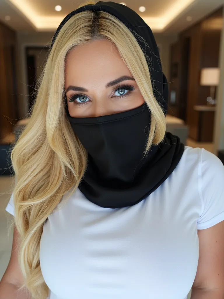 a sexy woman taking a selfie. Her hair is long and blonde. She is wearing a white t-shirt and black Muslim hijab covering her neck. her eyes are expressive and gazing straight at the viewer.
The photo is taken with a frontal phone camera in a luxurious apa...