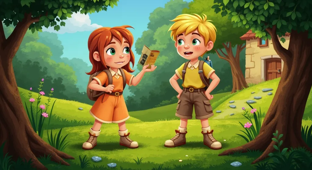 Ana: She has wavy light brown hair, dark skin, and bright green eyes. She always wears a yellow blouse with leaf prints, blue jean shorts, and comfy sandals. Mateo: A boy who always carries a backpack. He has dark brown hair, fair skin, and blue eyes. He i...