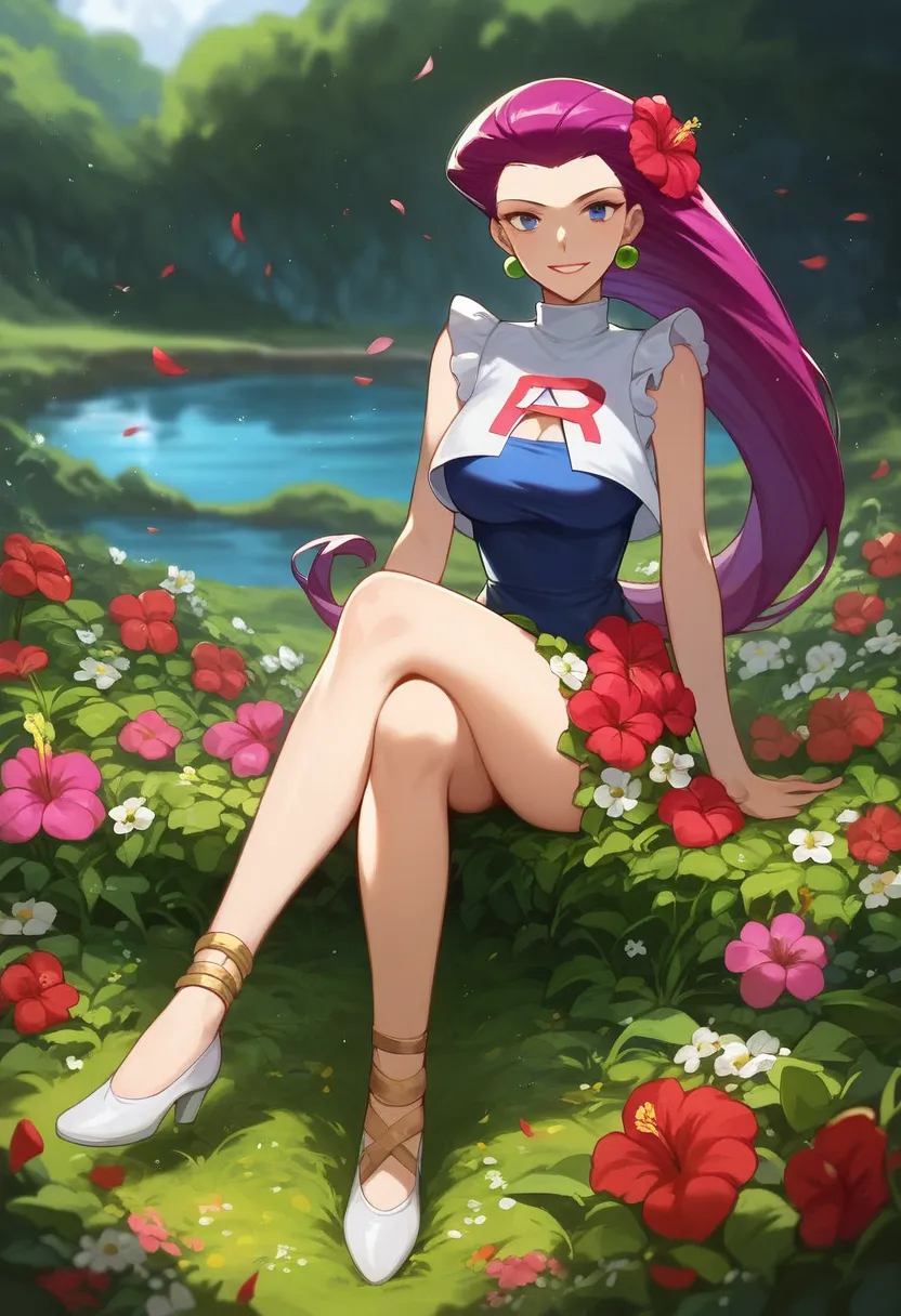 score_9, score_8_up, score_7_up, ultra detailed, full body, looking at viewer, Jessie, blue eyes, purple hair, long hair, hair slicked back, earrings, hair flower, hibiscus, flower dress, frills, sleeveless, flower field, outside, blooming flowers, pollen ...