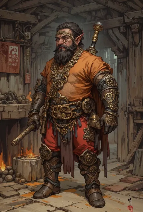 Brumak, the Tearbreaker (Neutral Dwarf Blacksmith)
Race: Dwarf
Appearance: Black beard entwined with gold threads, muscular arms full of burns.
Outfit: Dragon leather apron, mitril gloves.
arm: Forging hammer that can crush skulls.
 Personality : Stubborn ...