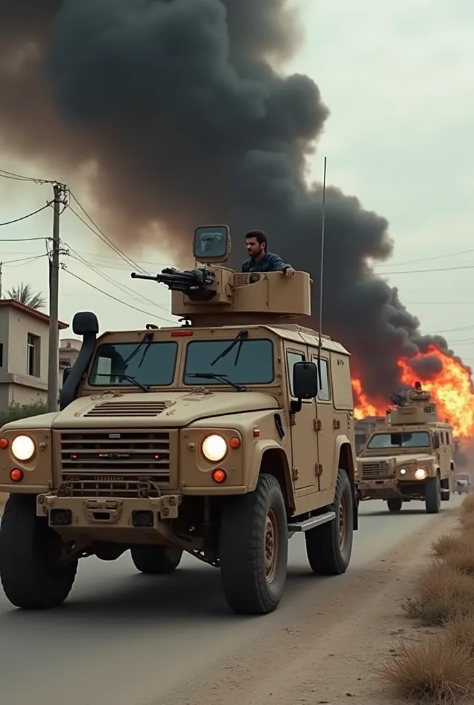 Two Israeli military combat vehicle armored car drives by, background of a typical Palestinian house on fire with black smoke billowing right behind it, very realistic, finest details, very natural, cinematic, There is a typical Israeli logo on the combat ...