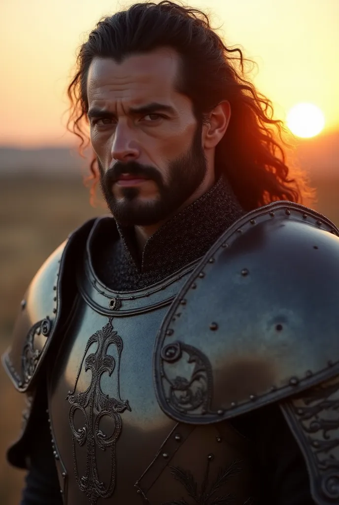 ( masterpiece), (  is extremely complicated :1.3), (  realistic ), portrait of a man,  The most beautiful in the world  ,  black hair light black beard  ( medieval armor ),  metallic reflections ,   upper body ,   outdoor,   intense sunlight  , distant cas...