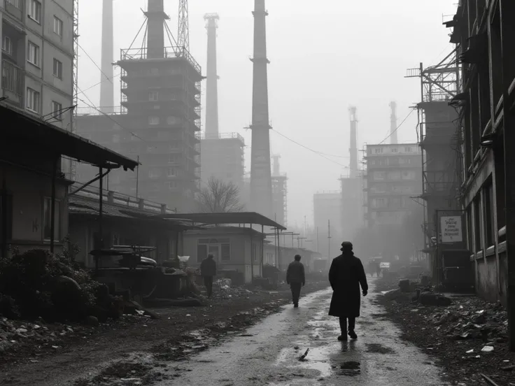 old photo, black and white photo, soviet photo, construction site, factory, gloomy atmosphere