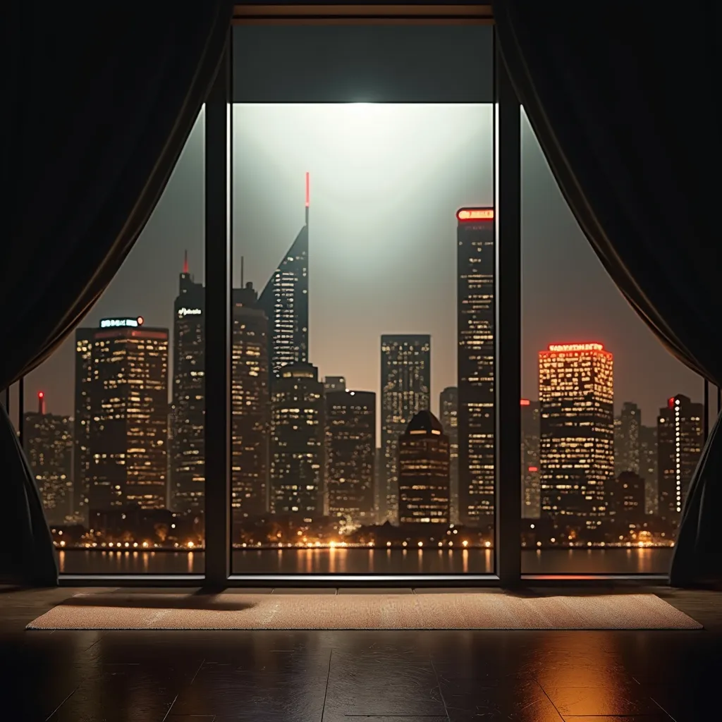 room with glass windows wall, cityscape background, skyscrapers at night, Straight camera angle, orange lighting, detailed cityscape at night, with tall glass skyscrapers, meticulously rendered architecture, realistic lighting effects, dramatic atmosphere,...