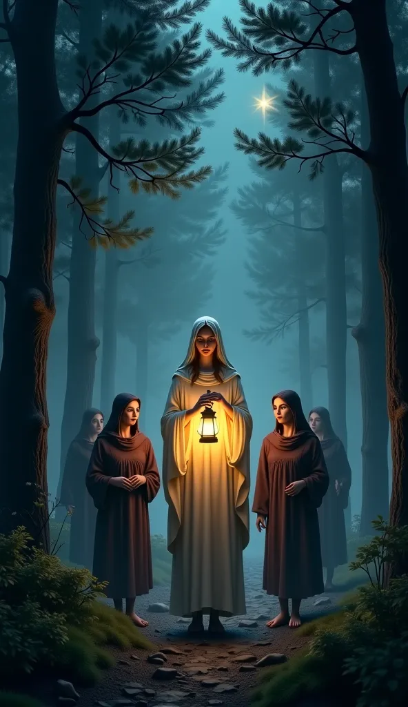 "Our Lady lighting a lantern to guide a group of travelers through a dense forest at night, with stars shining through the treetops. The weary travelers smile with relief."