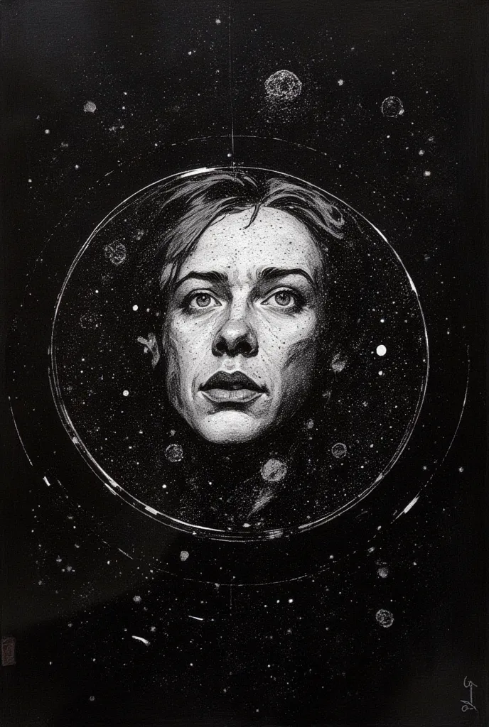 angle: Split Plan (double exposure)
Sketch Scene:
Face of an old Quadrid superimposed on a star map, in white pencil on black paper. Half realistic, half abstract. Cosmic duality by JOEMAD!.