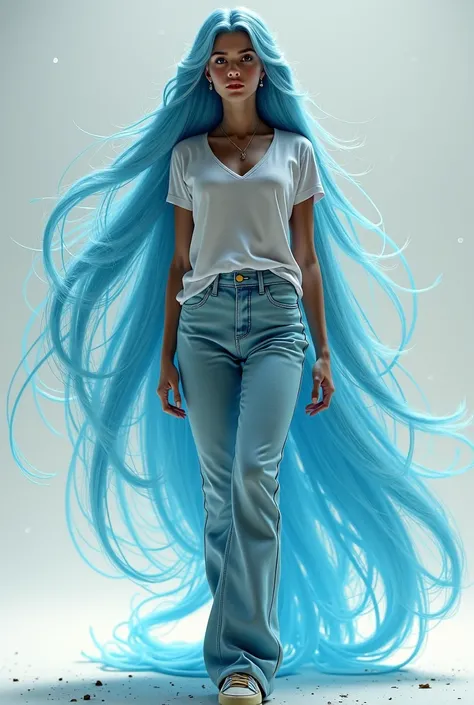  Woman, with brown skin, style with long light blue hair, that is dragged on the floor, full body, wearing loose clothing 