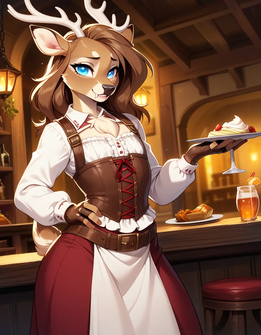 1girl, tail, furry, animal_ears,glowing blue_eyes, brown_hair, belt, looking_at_viewer, furry_female, gloves, deer_tail, sad smile, deer_ears, fingerless_gloves, hair_between_eyes,long skirt, hand_on_hip, snout, pouch, brown_gloves, cream white corset, dee...