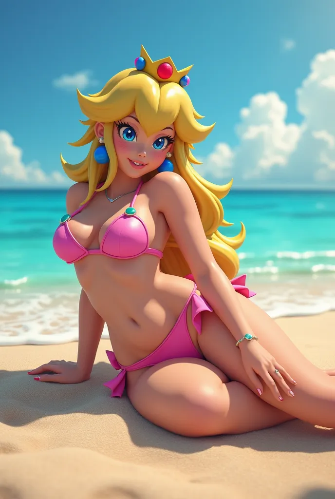 Believe me Princess Peach in a bikini and with big boobs stretched in the sand and wet