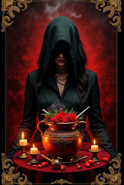 Book cover with a mystical and powerful style, with the image of padês arranged in clay pots, containing elements such as farofa, meat, Peppers, cachaça,  red roses, cigarettes and burning candles. Include a female figure shrouded in shadows or smoke, Conv...