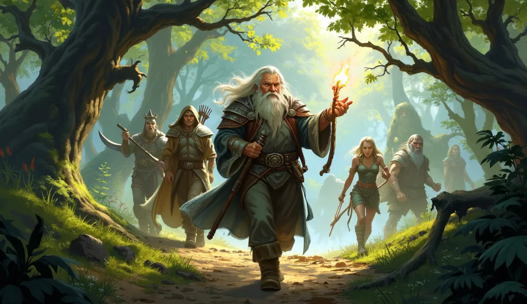 In the depths of a lush, verdant forest, a group of brave adventurers makes their way through the dense foliage. The scene is alive with the glow of magic and the mystery of the unknown. Leading the way is a wise old wizard with a long white beard, clutchi...