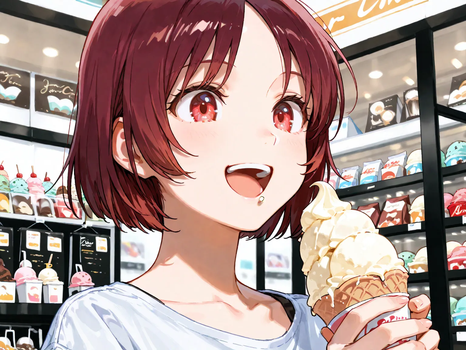 girl, fair skin, short hair, straight hair, dark red hair, parted bangs, ear, red eyes, happy, open mouth, in plain white t shirt and denim hot pants, shopping, eating ice cream, close up,
High Resolution, Anatomically Correct, Super Detailed,
