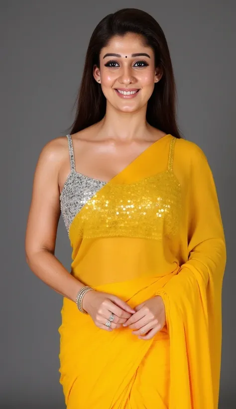 Generate a ultra realistic close up front image of a woman in a golden yellow sequins sleeveless saree. She is wearing a silver shimmering blouse with mirror sequins. It has no sleeves, has a silver satin finish with spaghetti straps. Face and body facing ...