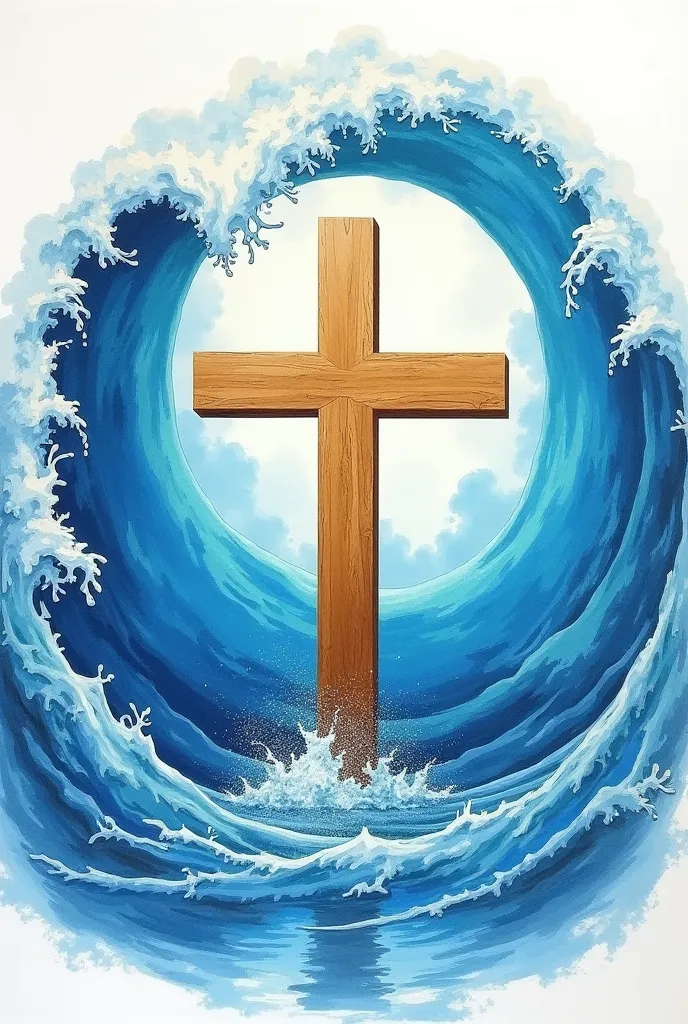 Make one as soon as there comes a river or a wave and that a Cross of Jesus comes out inside that wave or cross. Do all this in the shape of a circle. And that underneath it will be written Fountain of Living Water . Do it all in a drawing format 