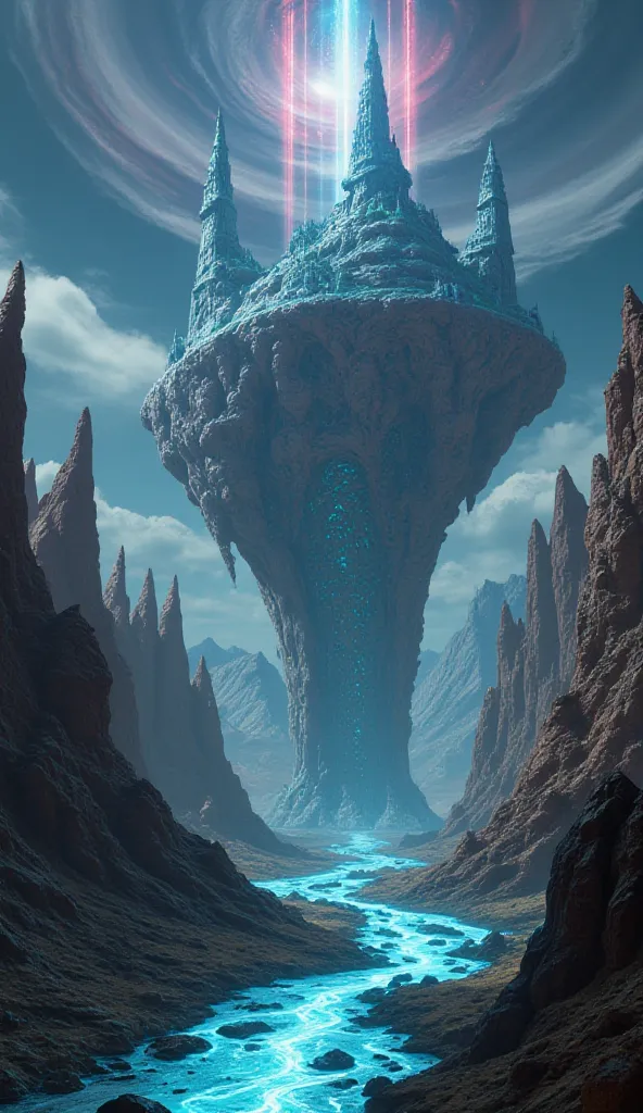 "A bizarre alien landscape with unfamiliar physics—floating mountains, inverted gravity, and glowing rivers."