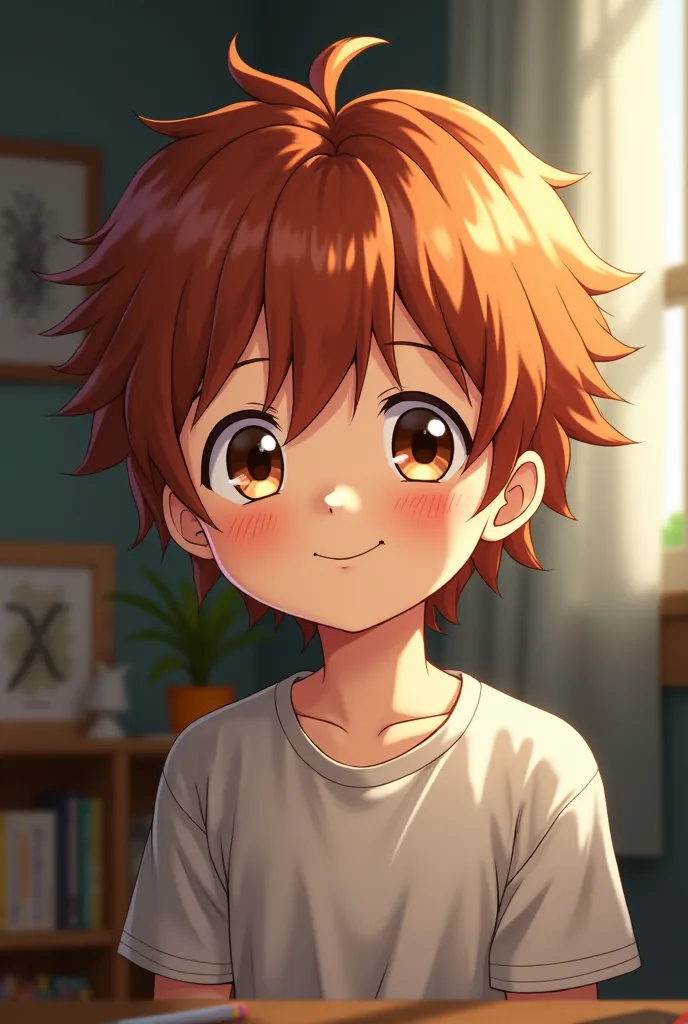 An  boy with brown-red hair and brown eyes likes anime 
lifelike