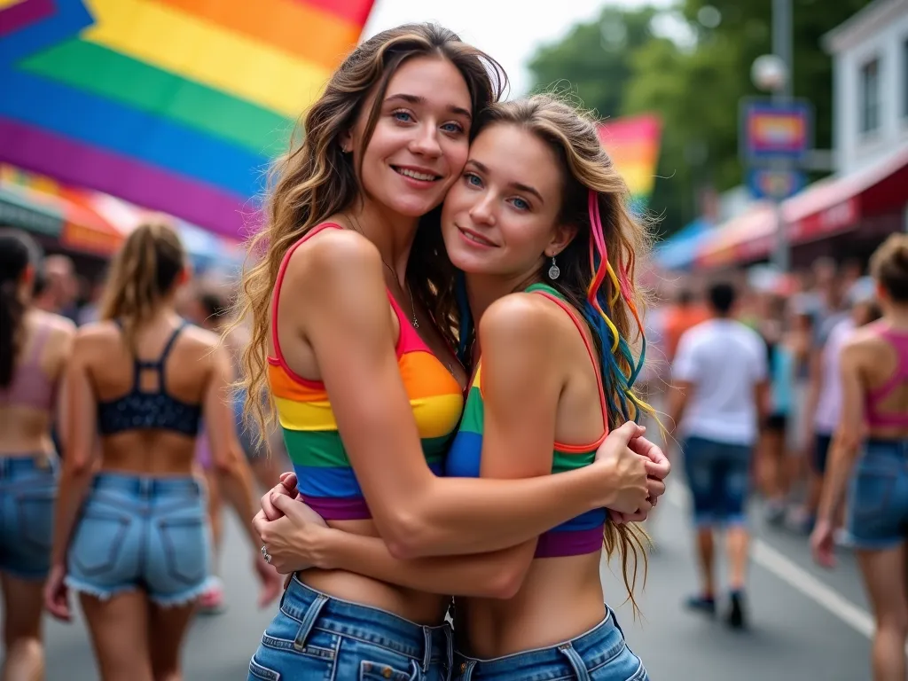 araffe young woman  passionately kissing her girlfriend, wearing rainbow top and denim shorts, portrait of siona shimshi, reddit trend, graffiti, pride parade, gay pride, proud look, rainbow clothes, bella ponder, pride month, gay rights, gorgeous lady, me...