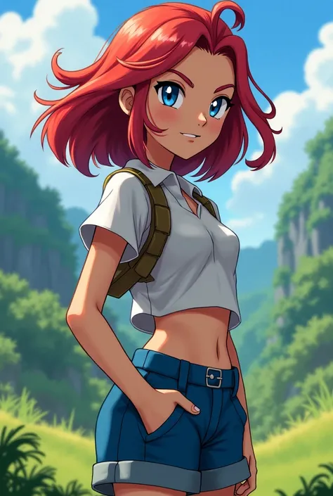 Pokémon trainer girl,  blue eyes dark red hair