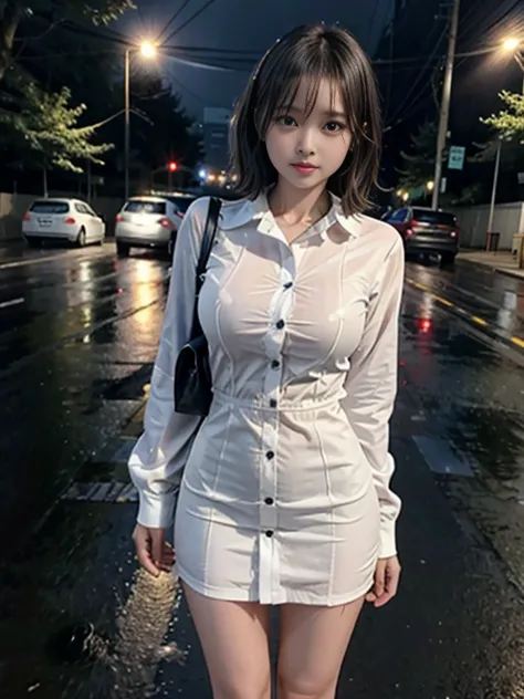   x} sweet and beautiful young and very cute Indonesian office girl  ,   Slim and beautiful body   ,  beautiful wavy short hair ,  all buttons have come off、is wearing a very thin and completely transparent little sexy office dress due to heavy rain, on an...