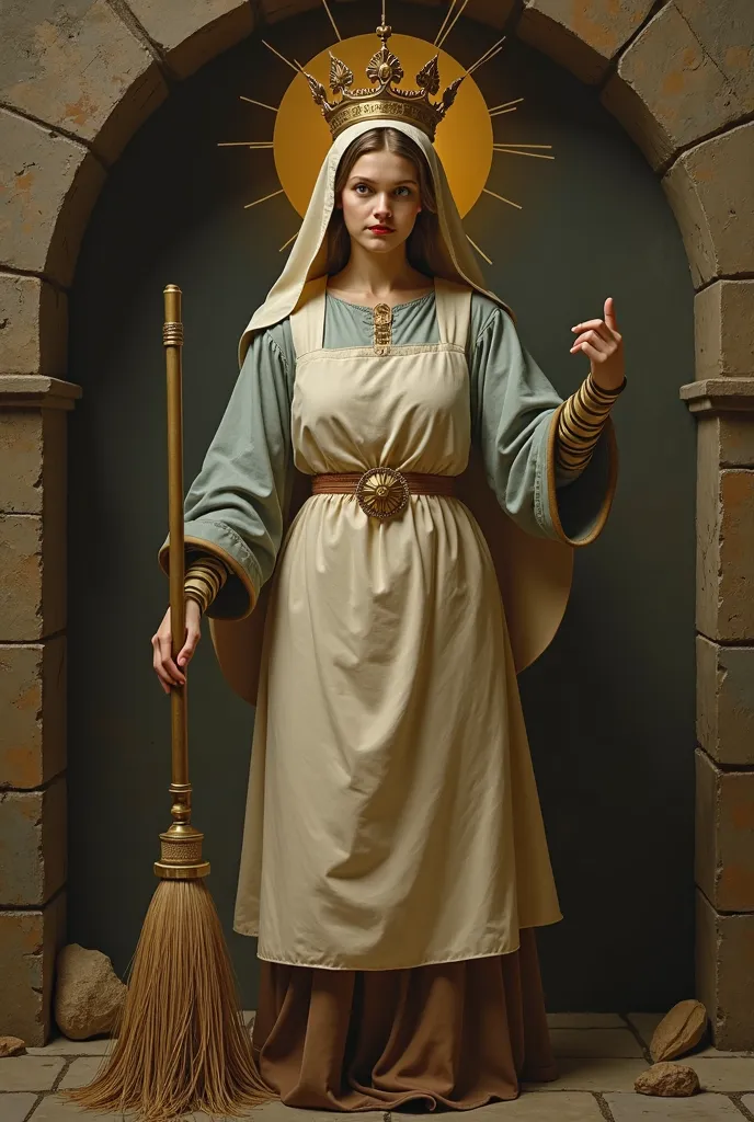 Our Lady with an Apron. Crown on the head and broom on the left hand. right hand pointing to the sky. Right arm raised 