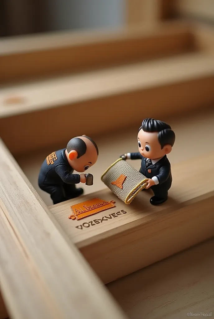 “A tiny carpenter in a black uniform with ‘Albassam For Furniture’ in orange, engraving the same logo onto the wooden bed frame with a small chisel. Another miniature worker is stitching the logo onto a fabric tag using an oversized needle and golden threa...