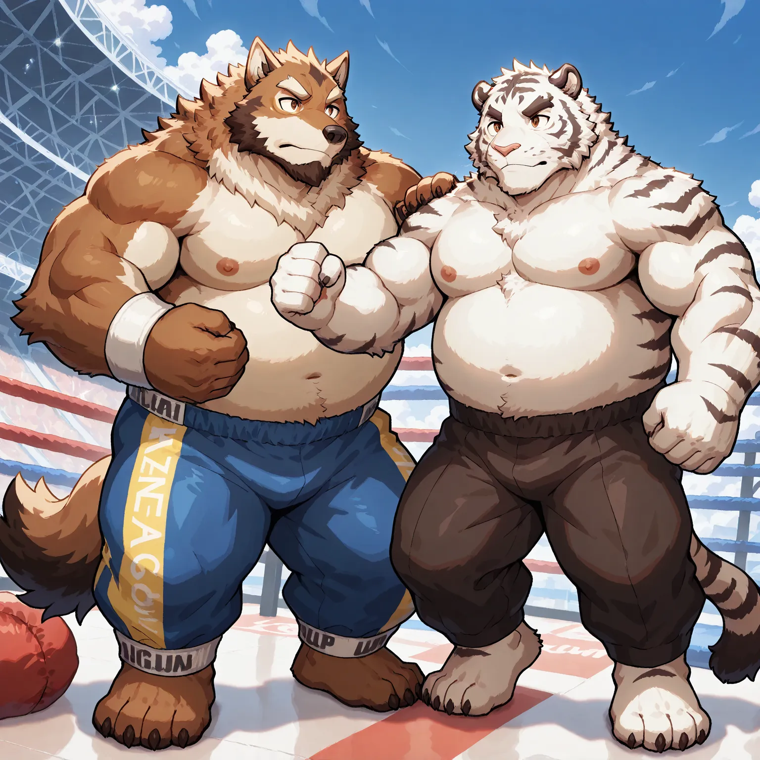 2men, character focus, full body, looking away, dynamic angle, cyberpunk, boxer, musclegut middle-aged eastern wolf men vs musclegut middle-aged white tiger men, fighting boxing, boxing costume clothes, headgear, sandbag, BREAK full body in Michelangelo Bu...