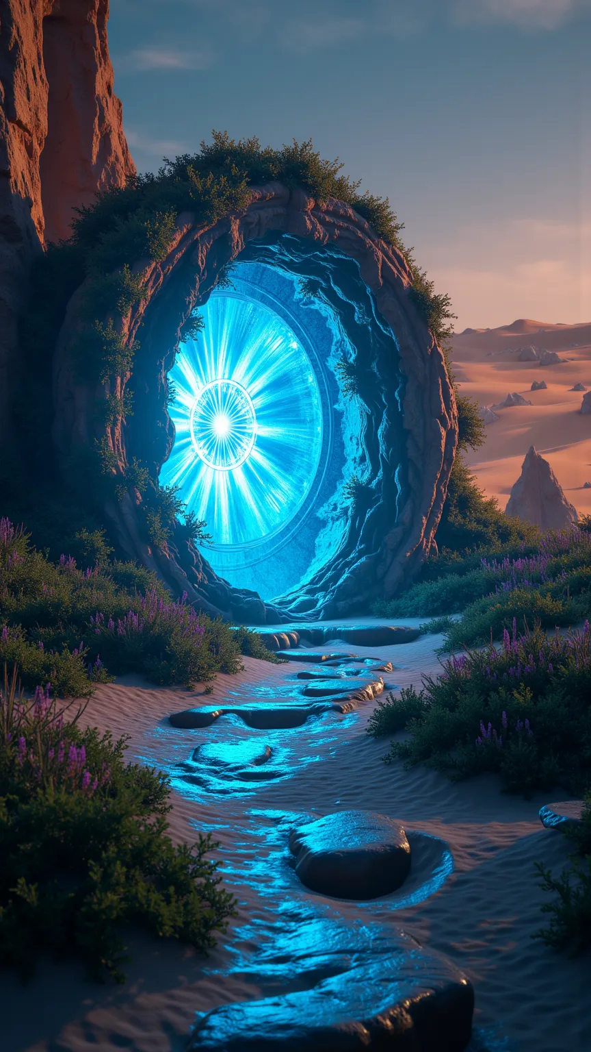 Close-up of a glowing portal in the middle of sahara desert, highly detailed object, deep blue oasis, intricate texture, brown-gray tones, intense lighting, photorealistic style, great detail depth of field, detailed structure of the glowing portal, sand d...