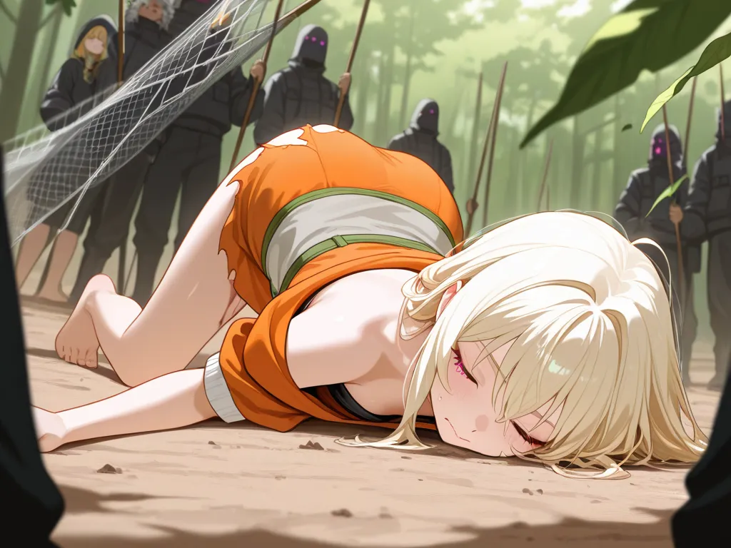 Overhead shot of A very short young anime girl with long white frizzy hair stained with green and adorned with sticks and leaves, with pink fierce eyes, and sharp nails, laying faced down on the ground, eyes closed unconsciously, wearing a worn and ripped ...