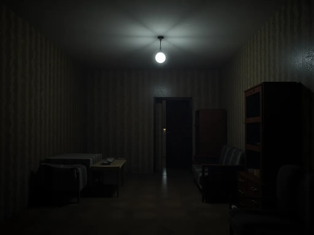 Post-Soviet apartment, Soviet interior, twilight, dark, gloomy, horror
