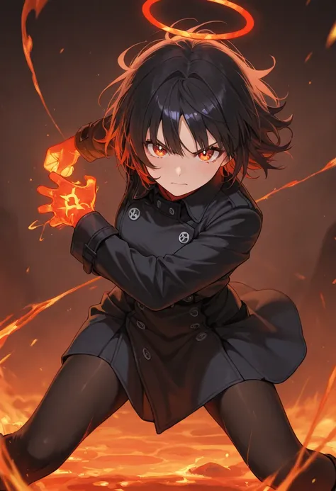 An anime woman stands in a burning melted ground filled.  She wears a cool long black coat and has very beautiful red eyes. afterglow  trail. beautiful black hair with red inner color. flames are burning and it shines red.  She was surrounded by intense fl...