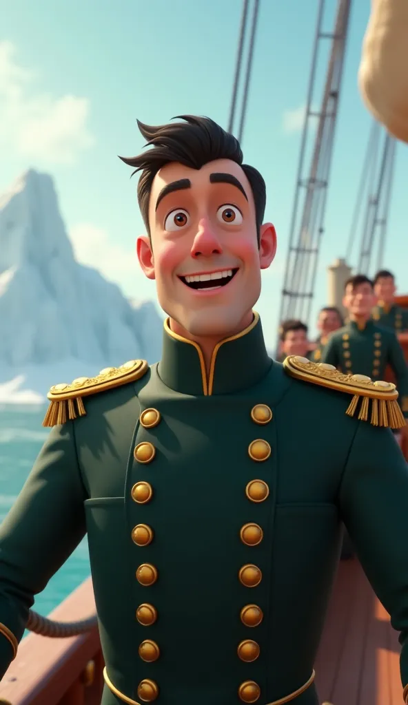 A colorful Disney-Pixar style 3D illustration. Soft lighting, smooth textures, vibrant colors, expressive character design, playful mood. A different Russian naval officer, Fabian Bellingshausen (40 years old, tall, short black hair, clean-shaven, wearing ...