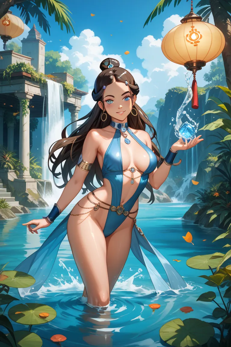  Katara's Sexy Display in an Enchanting Atmosphere, full_Body Display , lure, jewelry,  revealing costume,  seductive eyes, Detailed face and skin, Bends Water Thinking of Air 