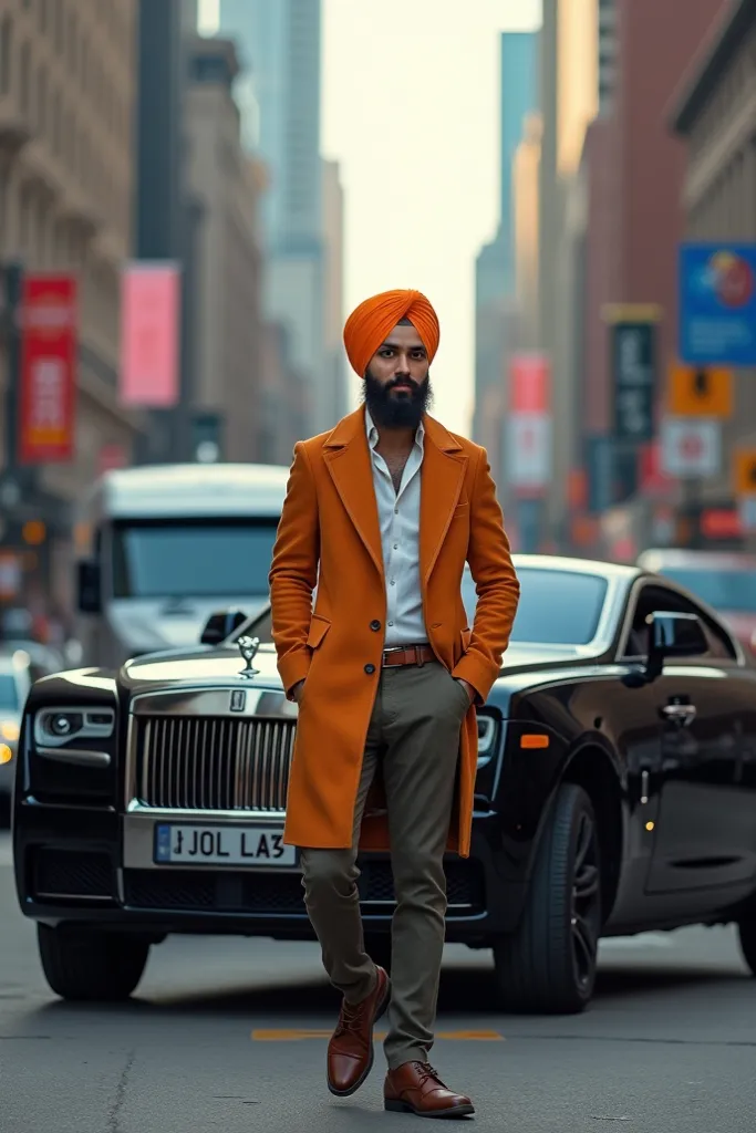 Unmoldeep Singh, the son of Sikander Singh, wore Western clothes in front of a city in the United States of America with a black Rolls-Royce car and a Defender. 