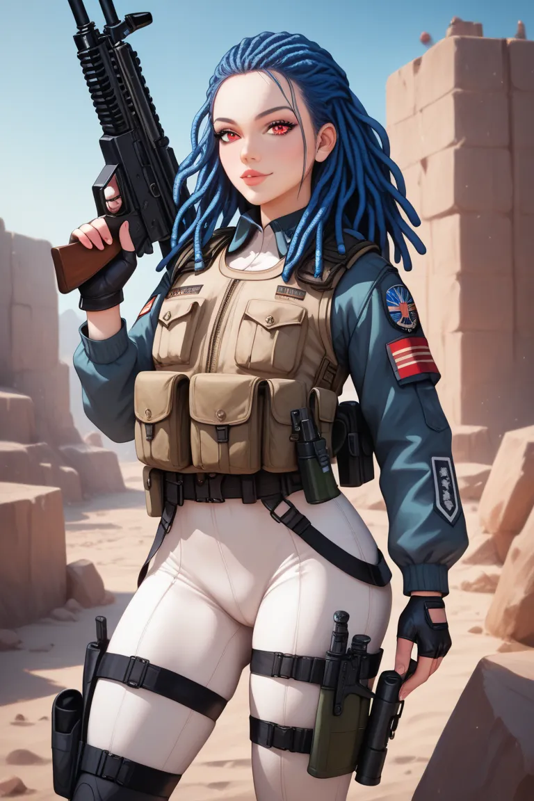 (masterpiece, best quality),  detailed, 1 , ((character concept art)), ((feminine, same character, forehead, side, to go back)), many items weapons, (uniforme de batalha coside sexy.   Rifle SIG 556 e Pistola 909' (holster on right leg). , using Bota.  gun...