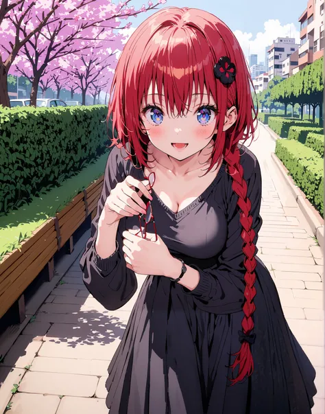 Kurosaki's thing , Alone,stupid hair, Blue Eyes, knitting glasses, hair intake, sngle braid,HAIR ACCESSORY, long hair, red hair, hair knitting glasses, smile,blush,open your mouth,Medium breast, oversized v neck sweater long sleeve,long skirt, Bbo~, bench,...