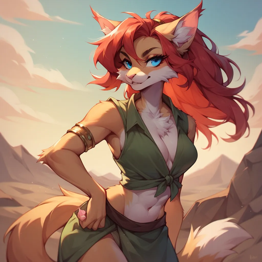 a anthro female cat with red hair and blue eyes in a safari outfit. she is out in the desert.