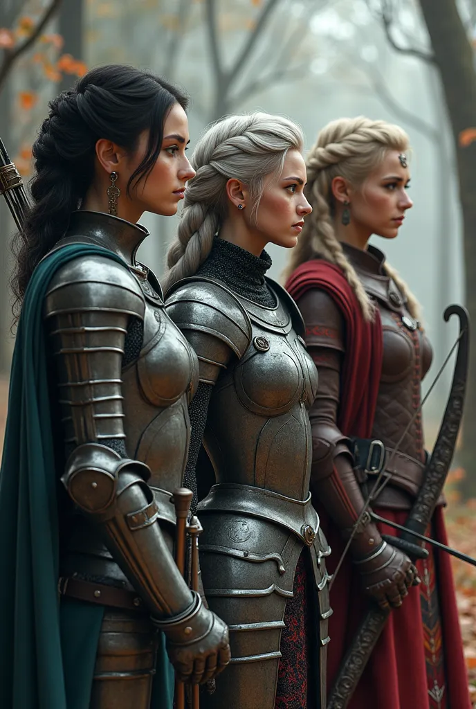 realistic image quality, group of 3 women, The image shows three women, A woman knight in armor black hair with sword and shield, The other woman with silver hair, Braided is an archer has a long bow accessories two daggers at the waist and hood, And the t...