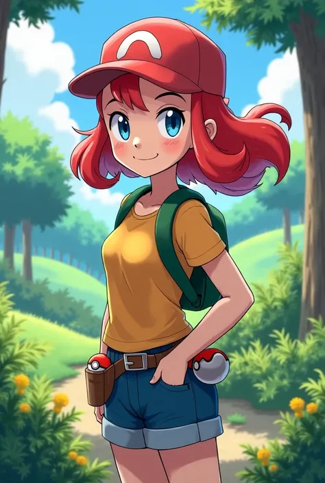 Pokémon Trainer Girl,  With red hair and blue eyes 