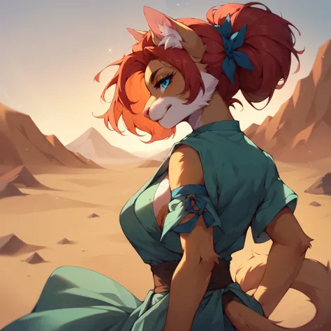 a anthro female cat with red hair and blue eyes in a safari outfit. she is out in the desert.