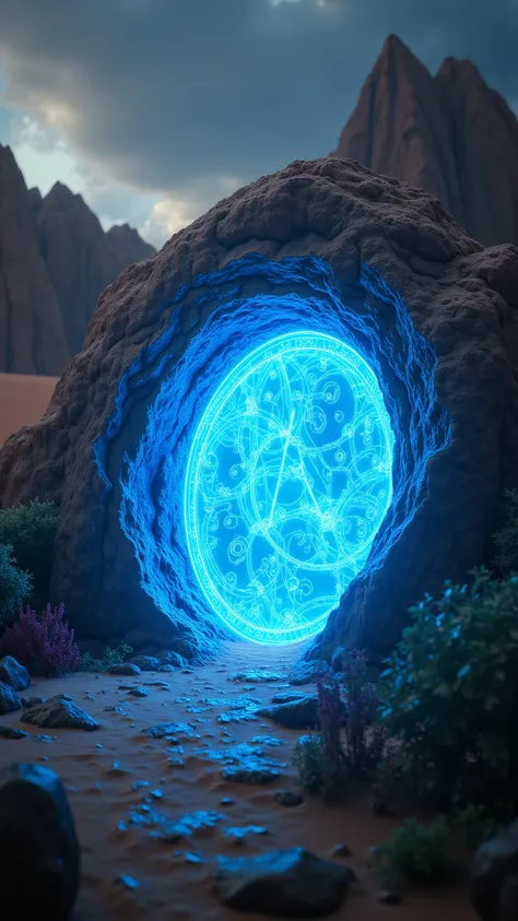 Close-up of a glowing portal in the middle of sahara desert, highly detailed object, deep blue oasis, intricate texture, brown-gray tones, intense lighting, photorealistic style, great detail depth of field, detailed structure of the glowing portal, sand d...